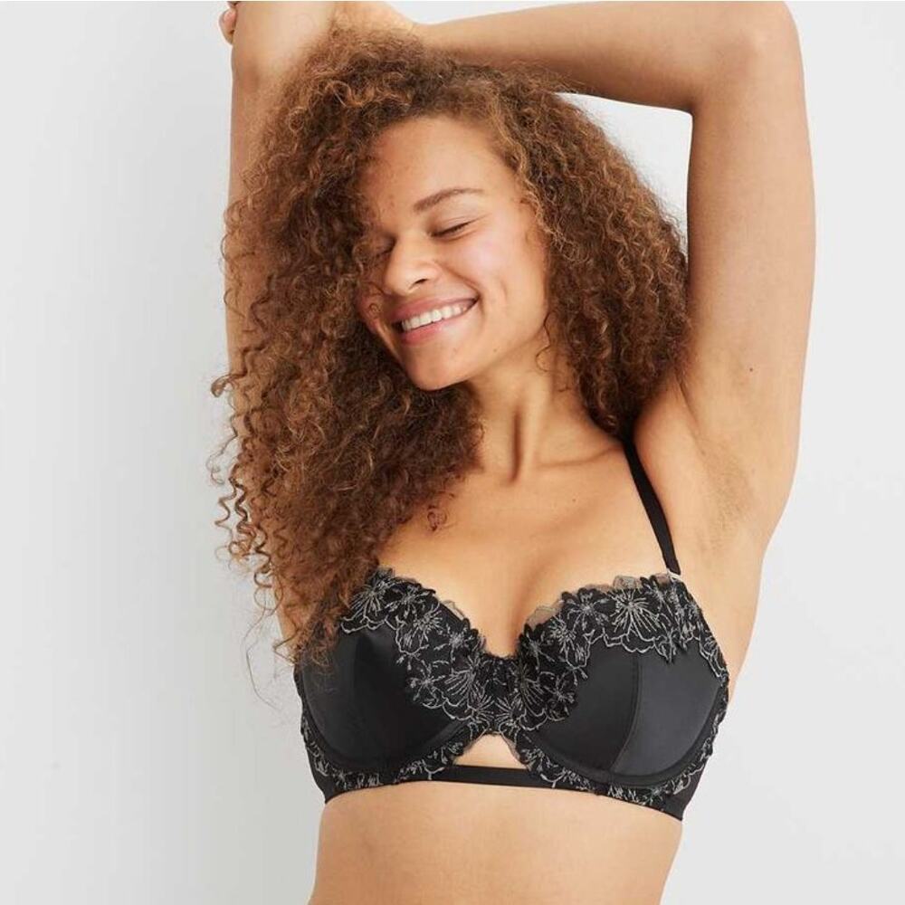 NWT Aerie Black Real Power Balconette Underwire Satin & Floral Lace Bra Size 32C - Picture 2 of 5